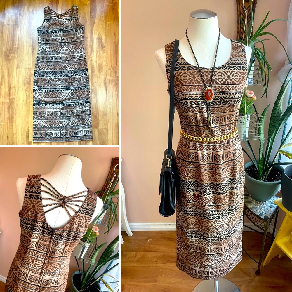 Vintage 90s Earthy Boho Chic Aztec Print Midi Sheath Dress, Size Small - Picture 3 of 13
